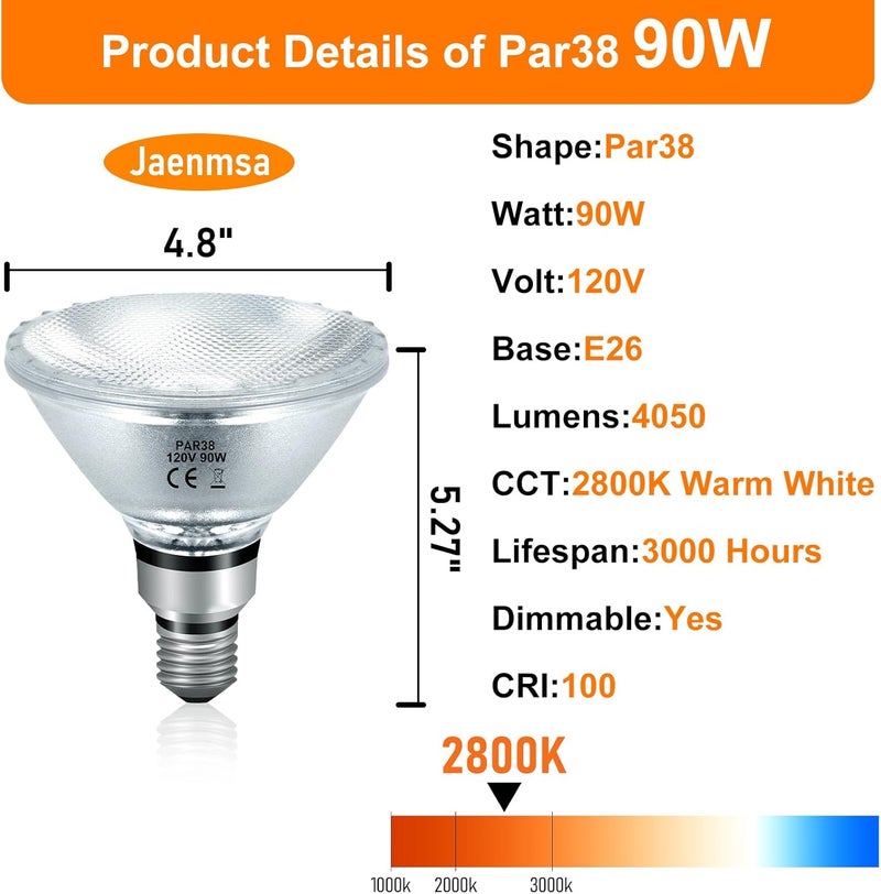 Jaenmsa 90 Watt Outdoor Floodlight Bulbs Par38, 120V 90W Halogen Flood Light Bulbs Dimmable, 2 Pack Indoor/Outdoor Floodlight Bulbs Soft White 2800K, Halogen Reptile Heating Bulbs E26 4050LM - Image 4